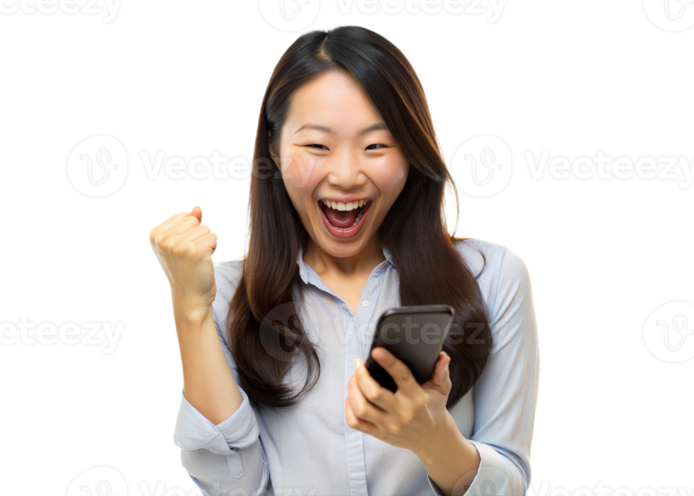 A joyous woman triumphantly celebrates after receiving great news on her smartphone, showcasing a beaming smile and raised fist png