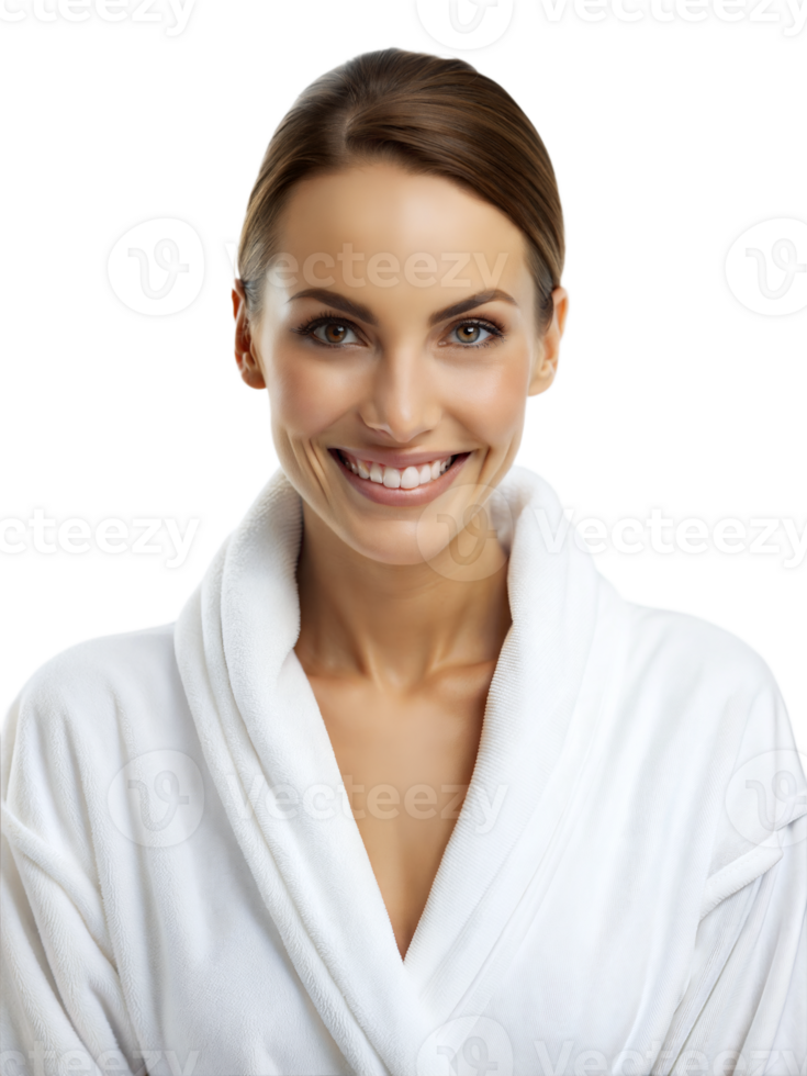 Woman smiling warmly while dressed in a white bathrobe, standing in front of a transparent background png