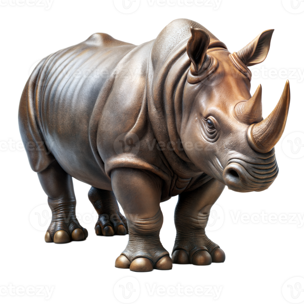 A beautifully crafted bronze rhino sculpture showcased with excellent studio lighting, highlighting its detailed and lifelike features png