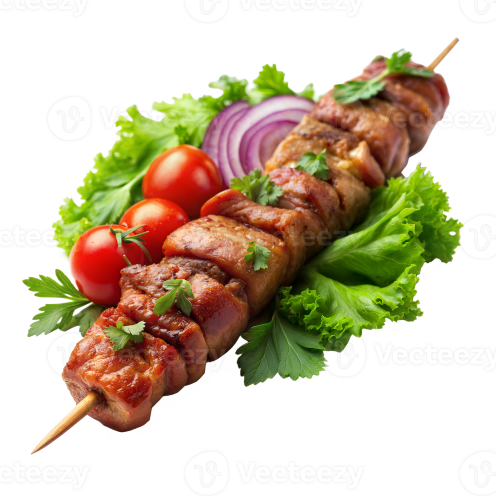 Skewered meat kebab topped with fresh herbs, accompanied by tomatoes and onions on a bed of lettuce png