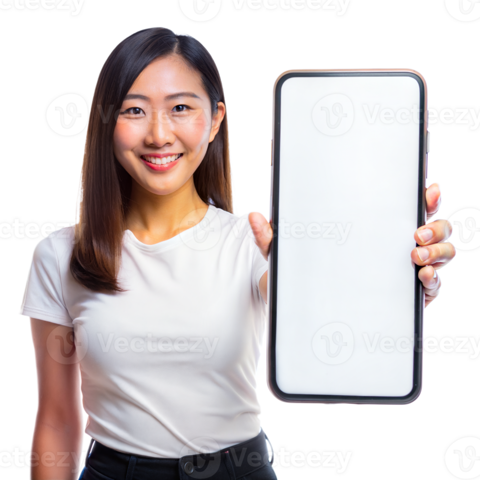 A smiling woman in a white shirt holds a large blank smartphone screen png