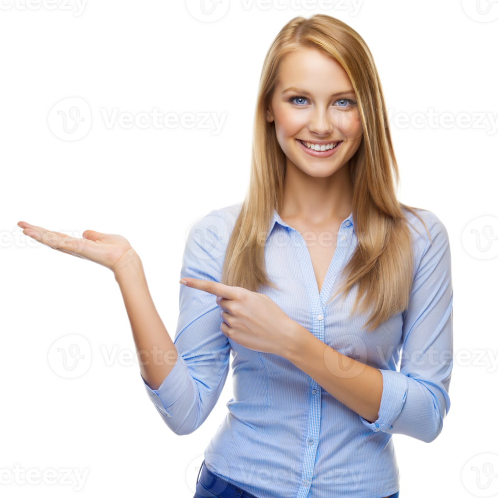 A cheerful woman in a blue shirt gestures with her hand png