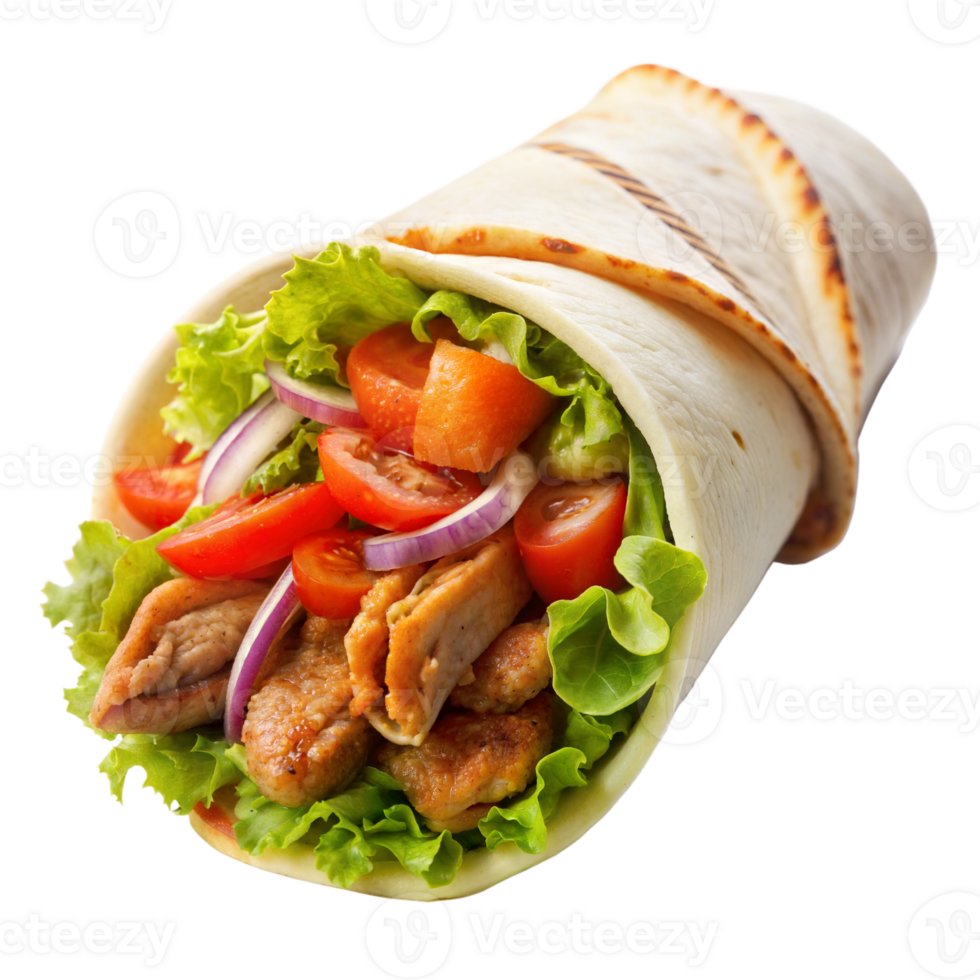 A colorful chicken wrap filled with lettuce, tomatoes, onions, and grilled chicken on a transparent background png