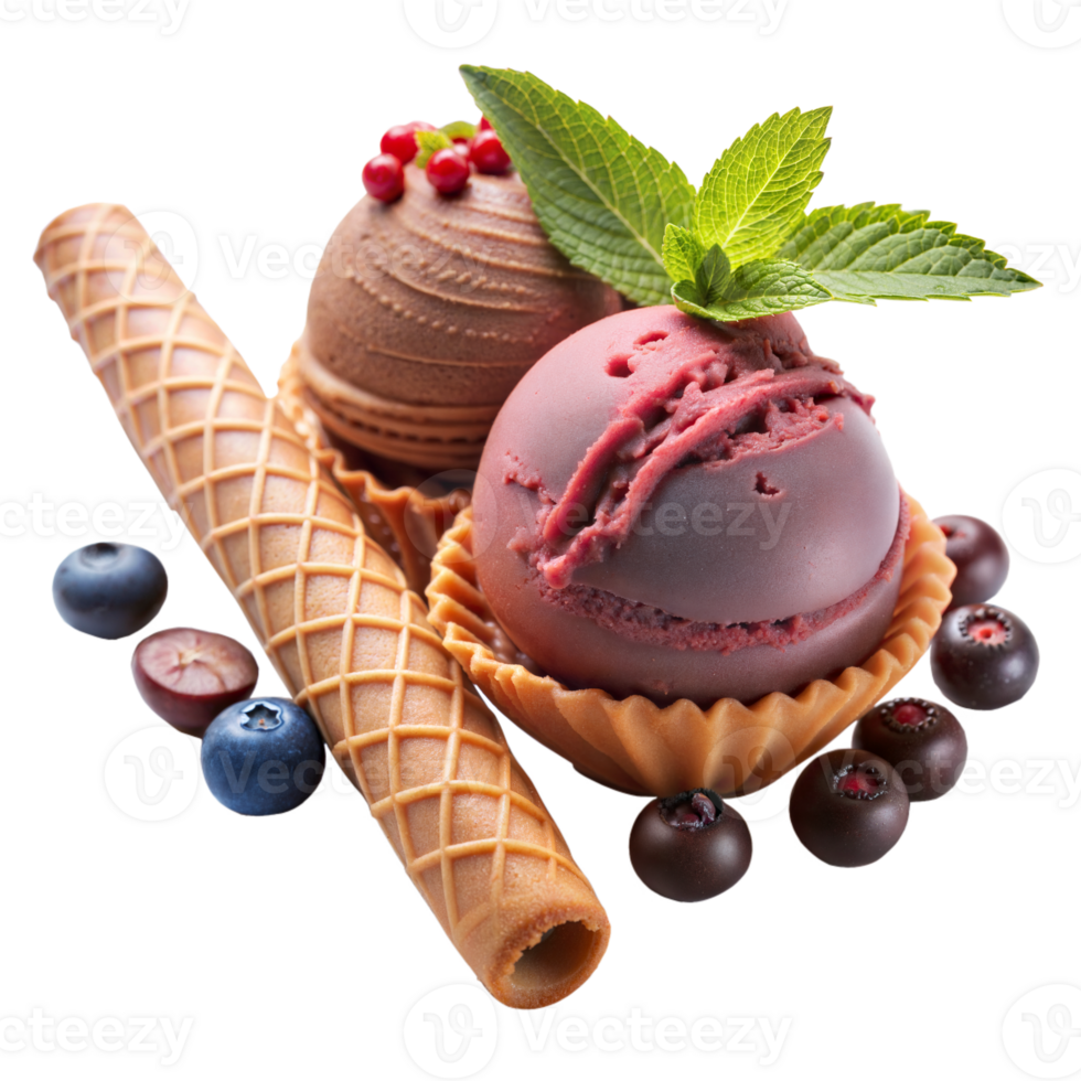 Two ice cream scoops with mint leaves, berries, and waffle rolls on a transparent background png