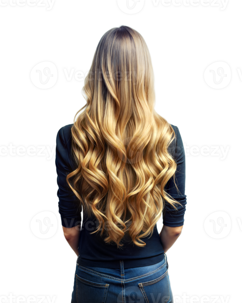 Woman with long, wavy blond hair in a black top and jeans poses against a plain transparent backdrop png