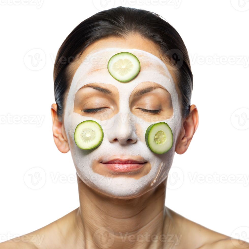 A woman with a white face mask and cucumber slices on her face enjoying a relaxing spa treatment at home during the day png