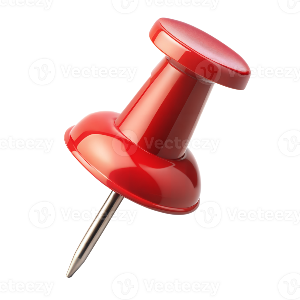 A close-up of a single bright red push pin with a metallic needle, isolated on a transparent background png