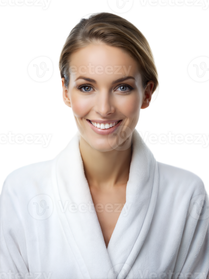 A woman is smiling, wearing a white bathrobe, with a transparent background png