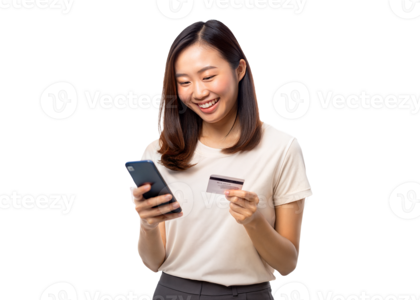 Smiling woman holds smartphone and credit card, engaging in an online shopping experience, standing against a transparent background png