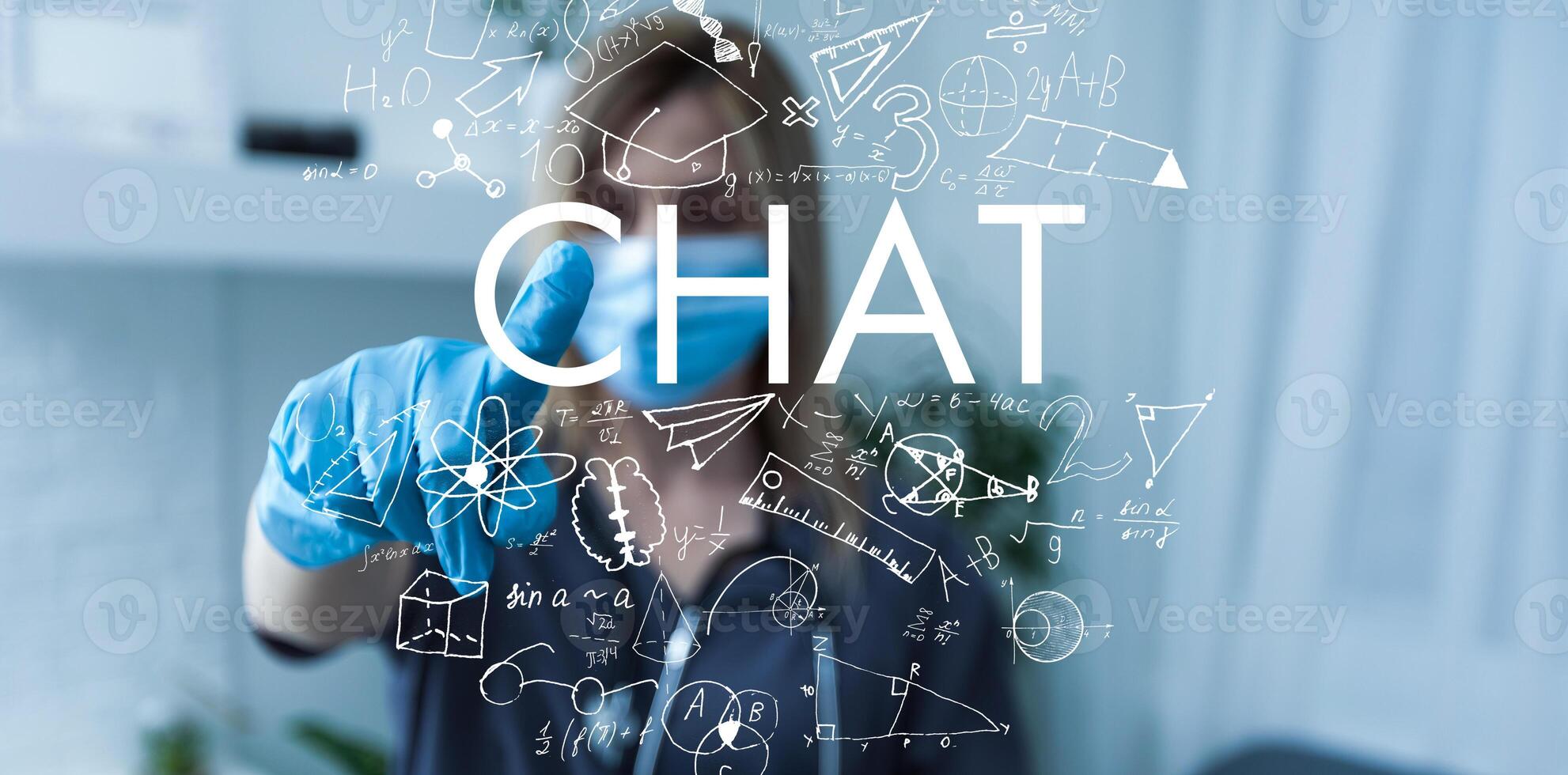 Double exposure of formulas virtual screen chat. Artificial Intelligence photo