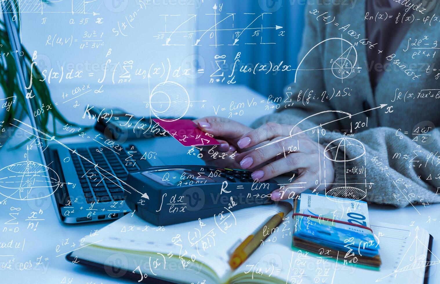 Double exposure of abstract virtual chemistry hologram on modern interior background, research and development concept. photo