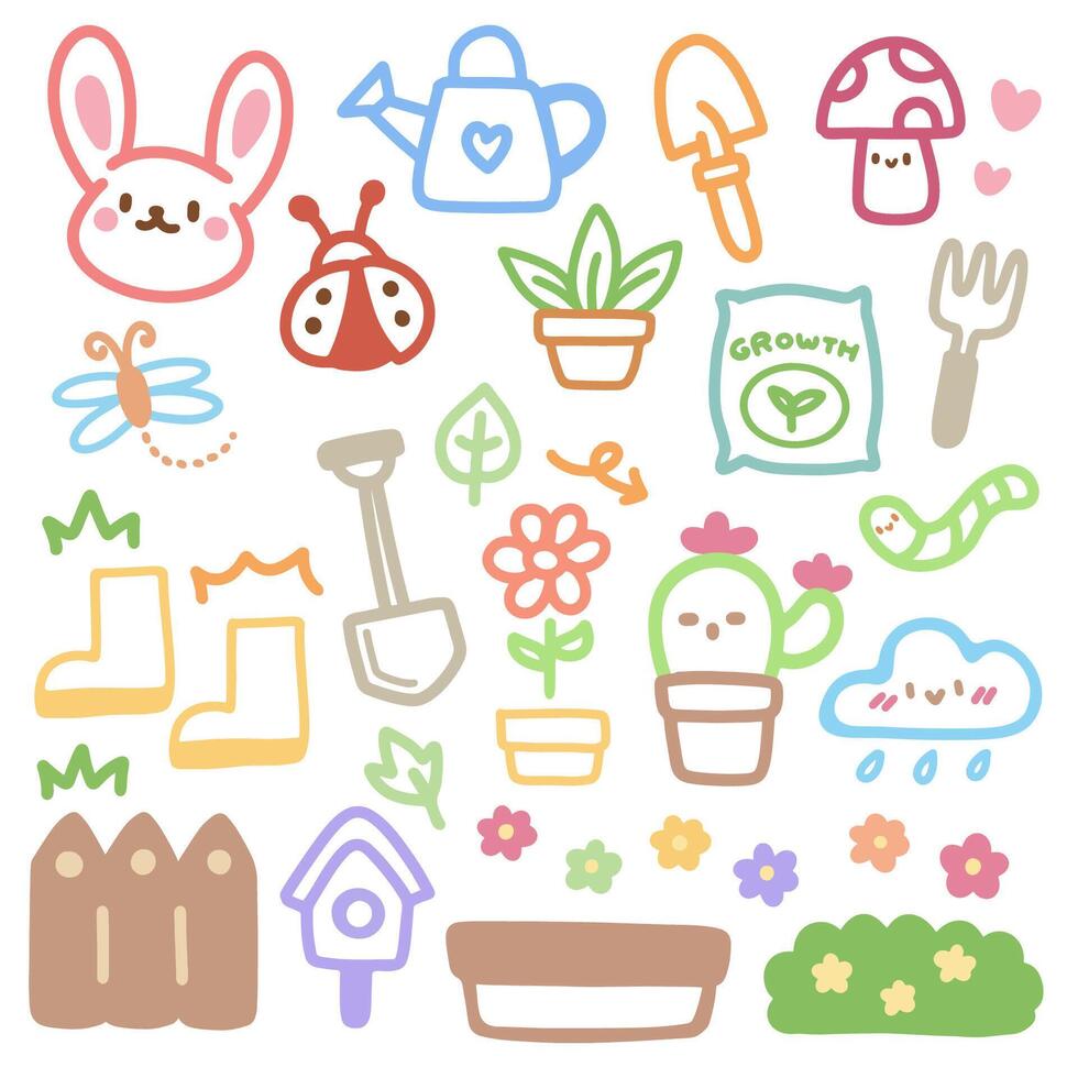 Cute doodle hand drawn kids set. Colorful element of bunny, mushroom, cactus, ladybug, watering can and flowers. vector