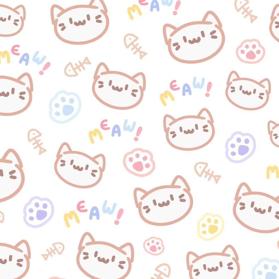 Kawaii Cute Pattern with Cat on White Background vector