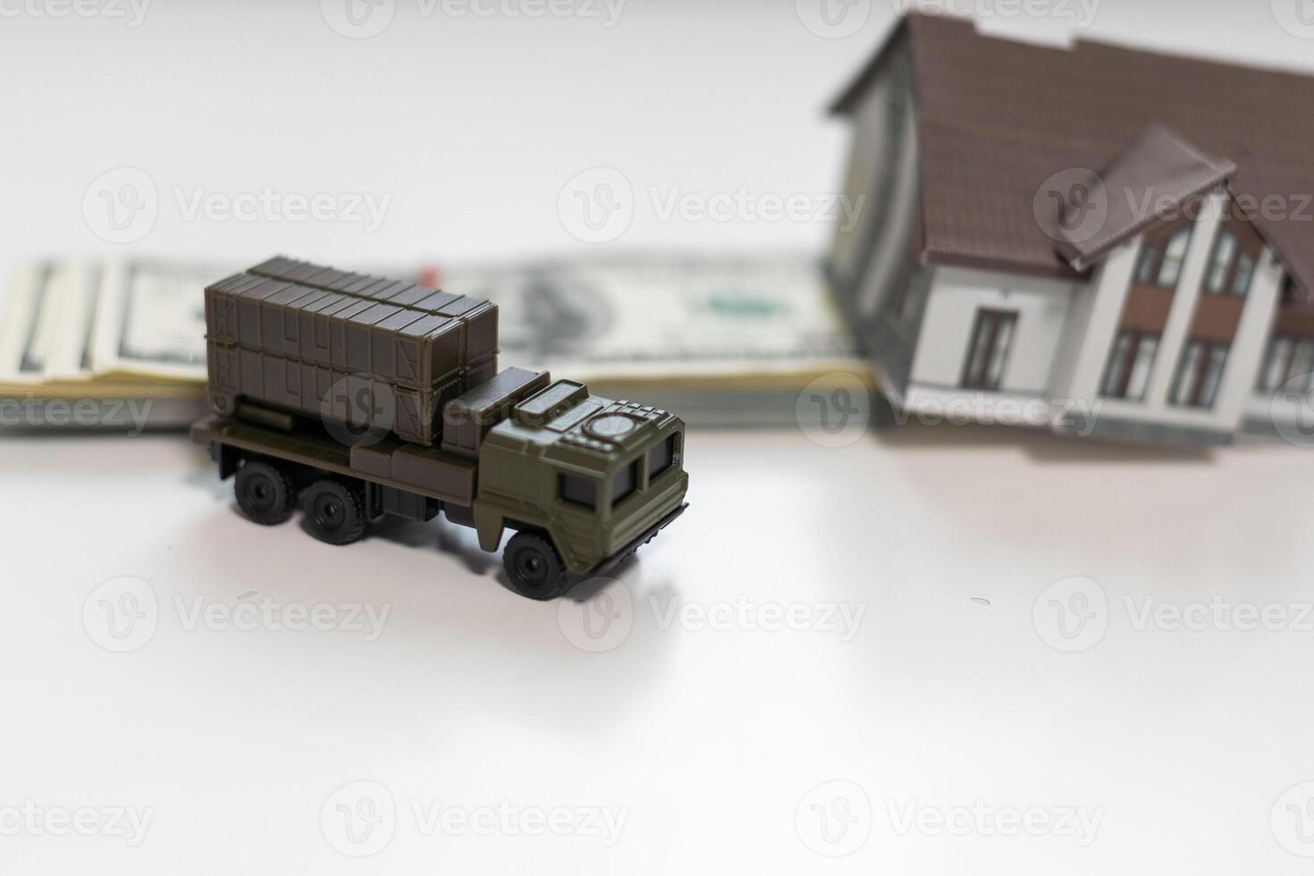 concept four rockets sent upwards against a hundred dollar banknote money background. Weapons of mass destruction, nuclear warhead, chemical charge. armament photo