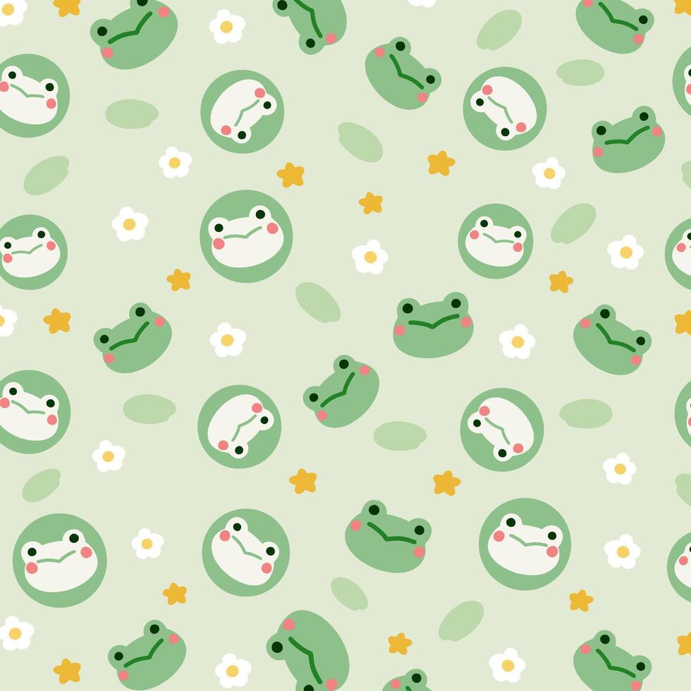 Kawaii Cute Pattern with Frog on Green Background vector