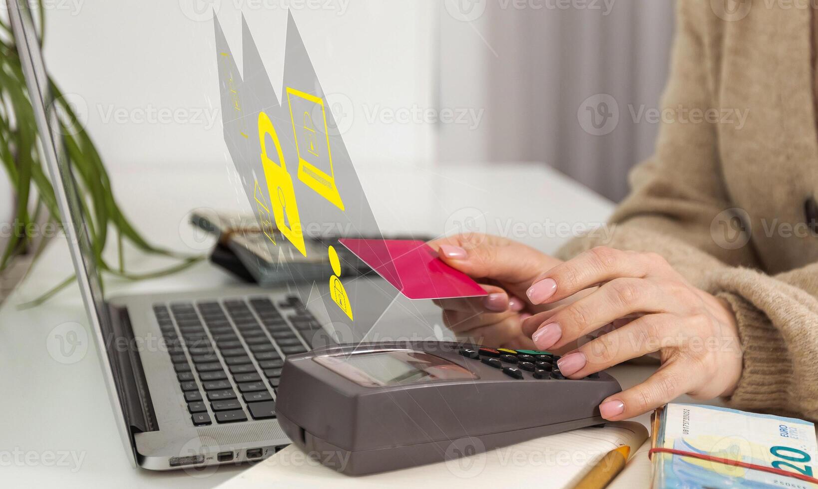 data security and encryption, secure access to user personal data, secure internet access, cyber security. Businessman touching an icon key through the virtual screen, concept of cyber security photo