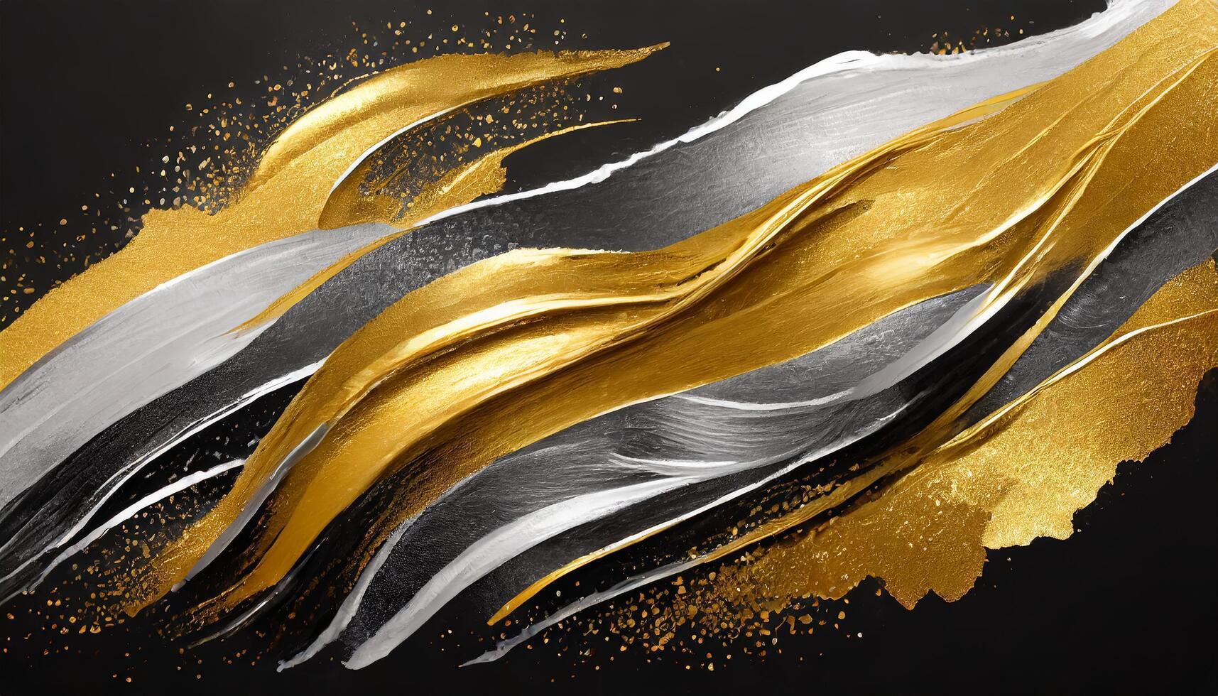 Abstract gold and silver glitter watercolor hand painting on black background photo
