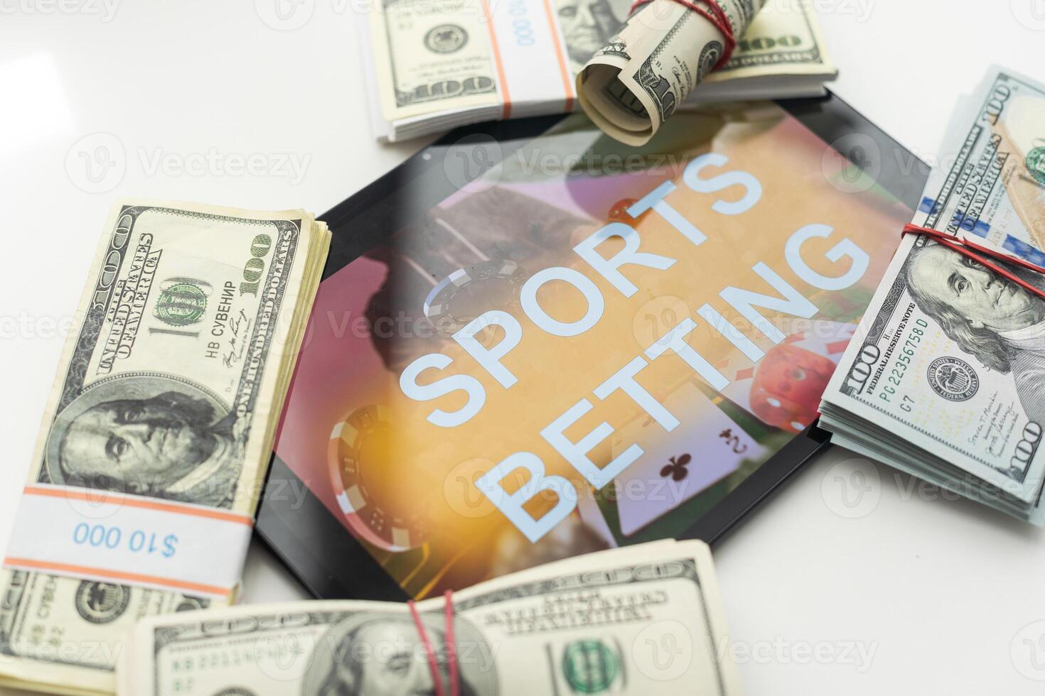Sport betting online banner concept. app online bet on soccer. Mobile phone with soccer field on screen and realistik football ball in front. illustration photo