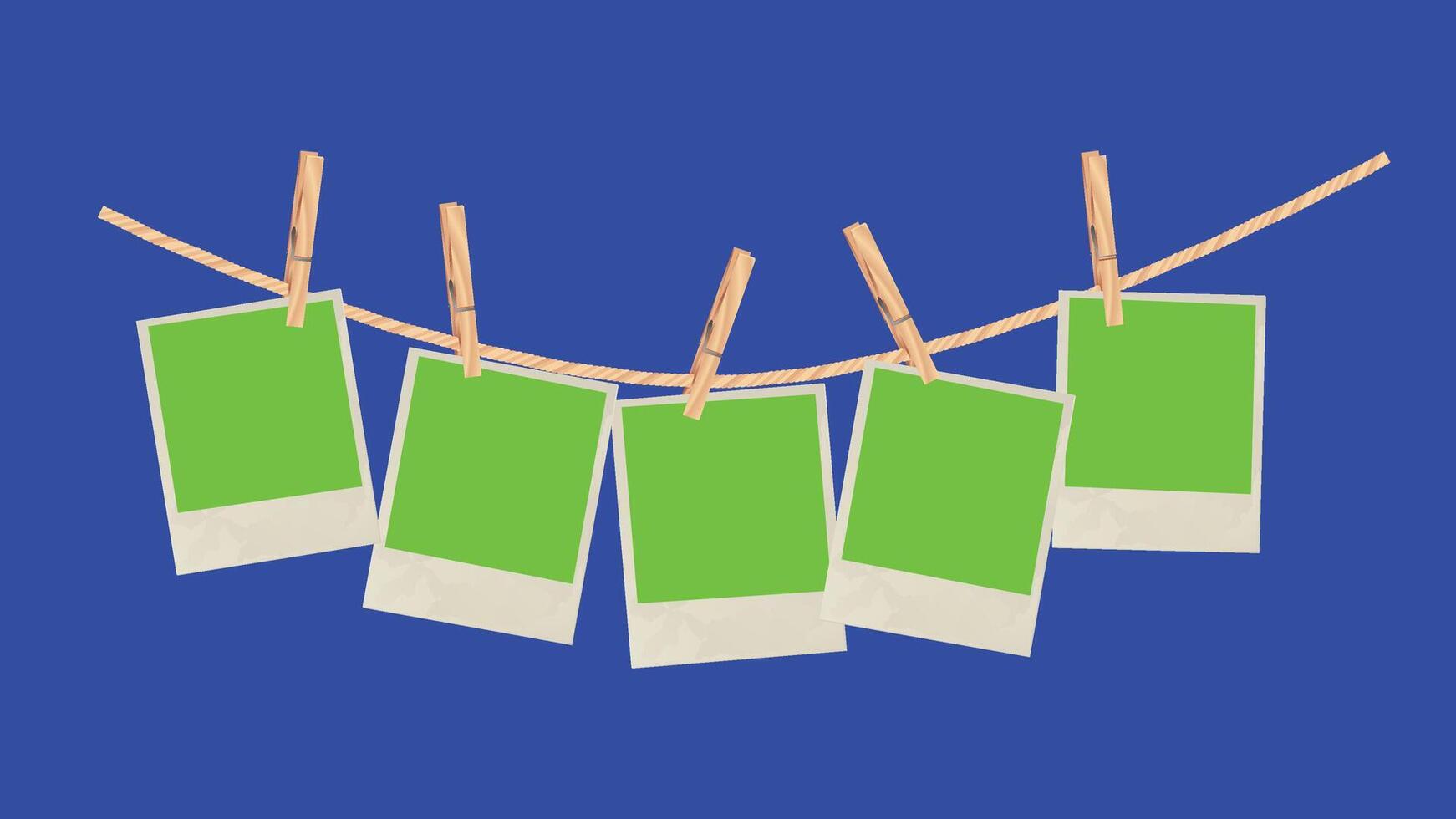 photo green screen lined up with clothespins on blue screen background vector