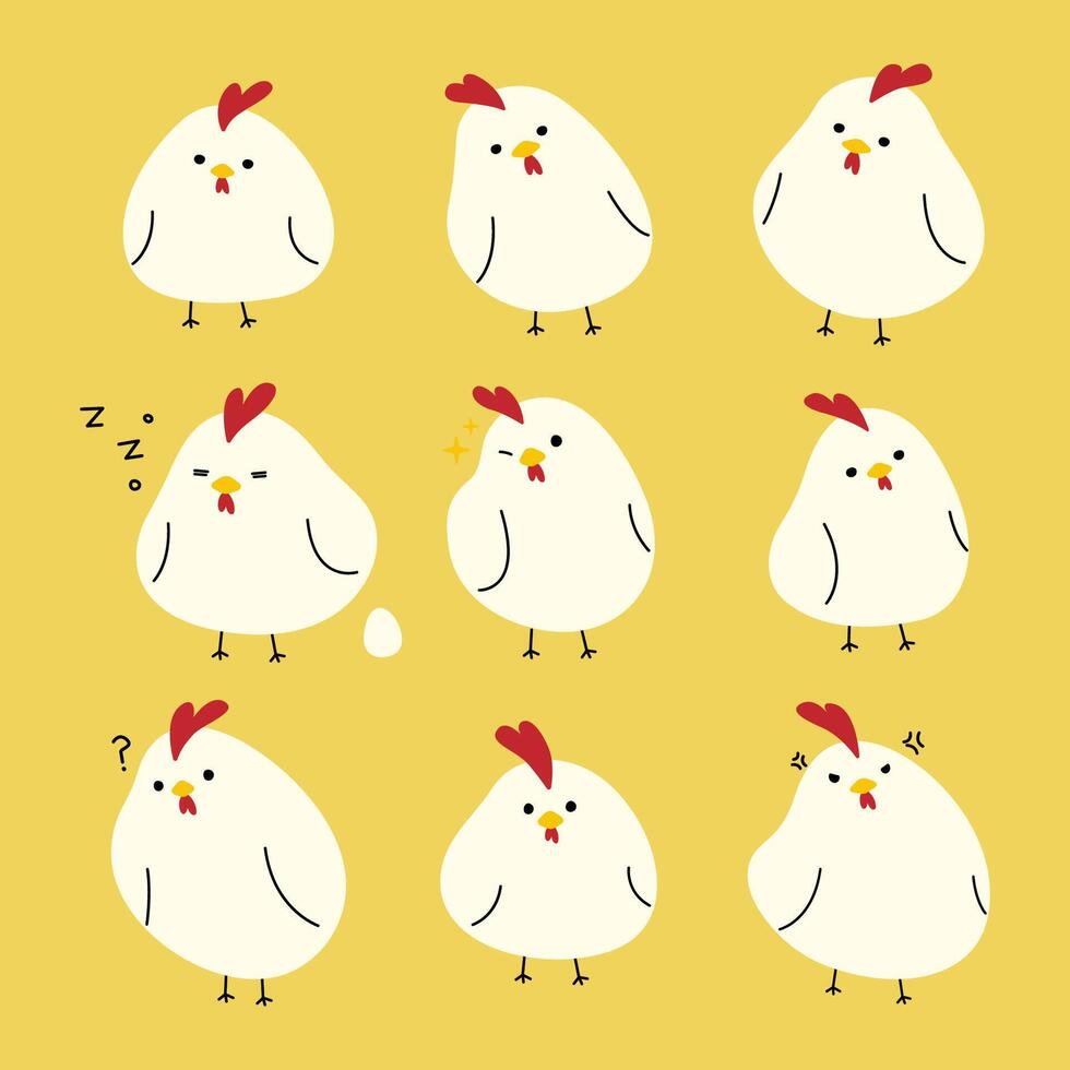 White Chicken cute on a yellow background, illustration. vector