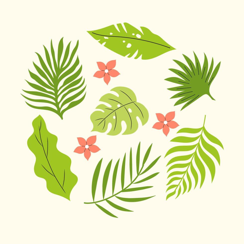 Handdrawn composition with flying palm leaves and plumeria. vector