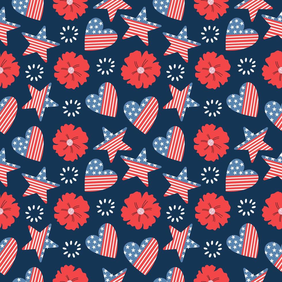 Seamless handdrawn pattern with poppy flower, american flag, stars and hearts. Design 4th of July. vector