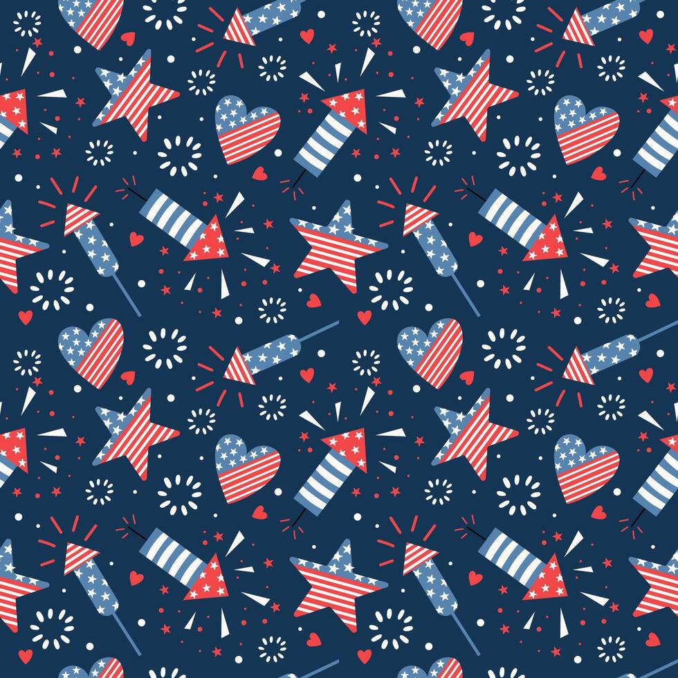 Bright seamless pattern for 4th of July. Hanndrawn design with American flag, stars, fireworks. vector