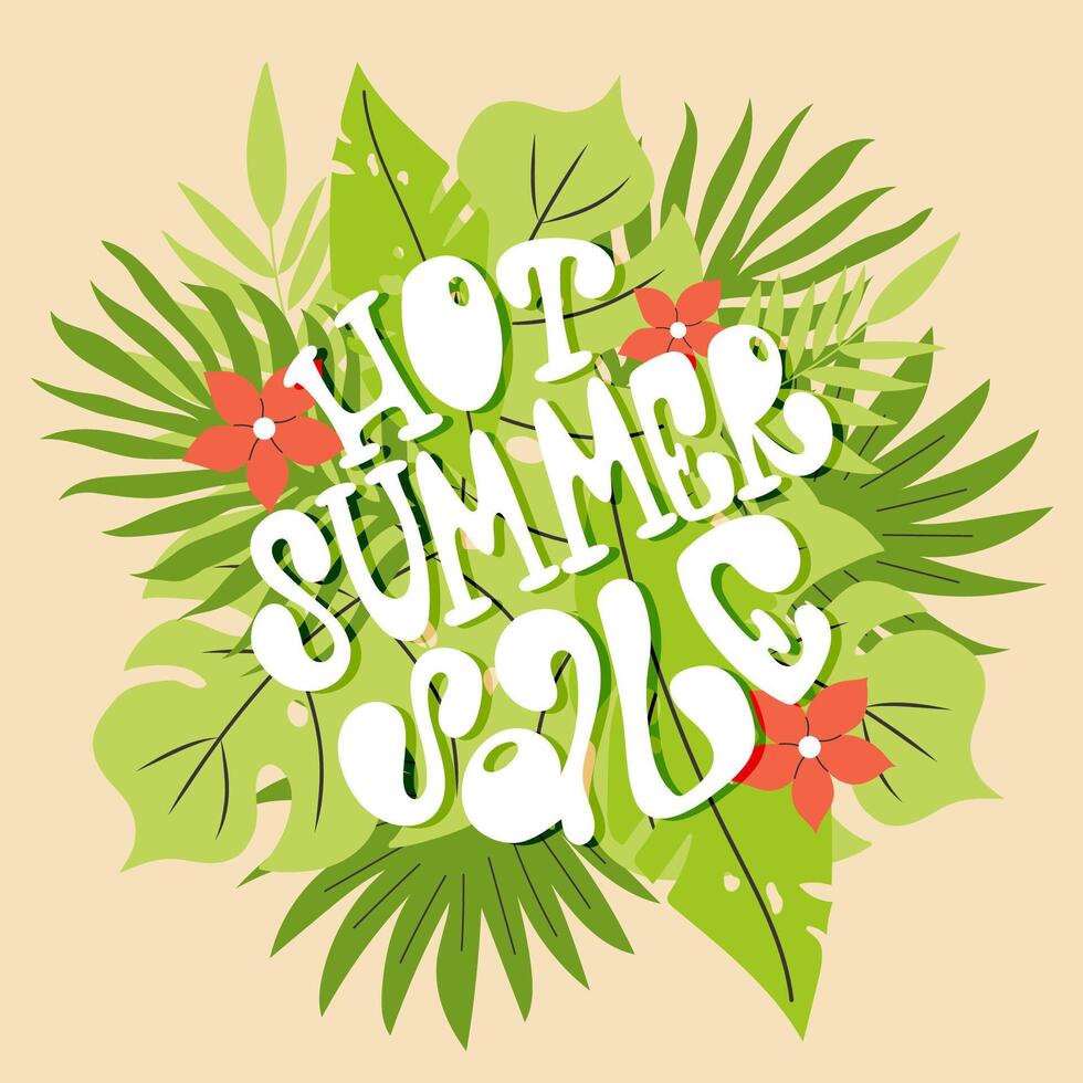 Hot summer sale handdrawn banner with palm leaves and plumeria flowers on background. vector