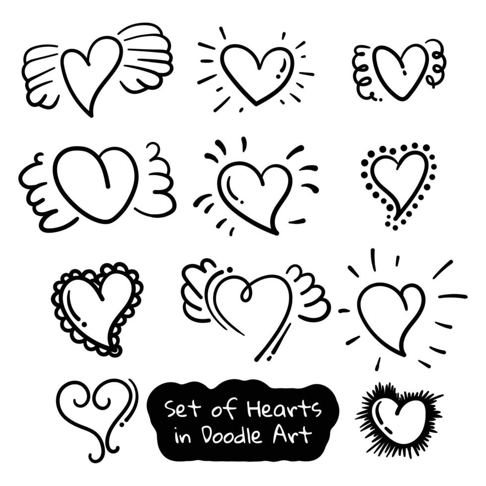 Set of heart shapes in doodle art hand drawn design with simple decoration for , banner, or social media post template design vector