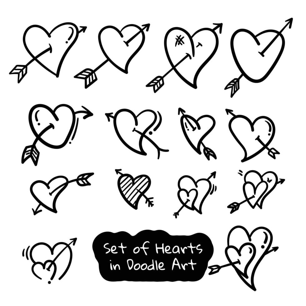 Set of heart shapes template in doodle art or hand drawn design with heart shoot by arrow in various design for , banner, or social media post template vector