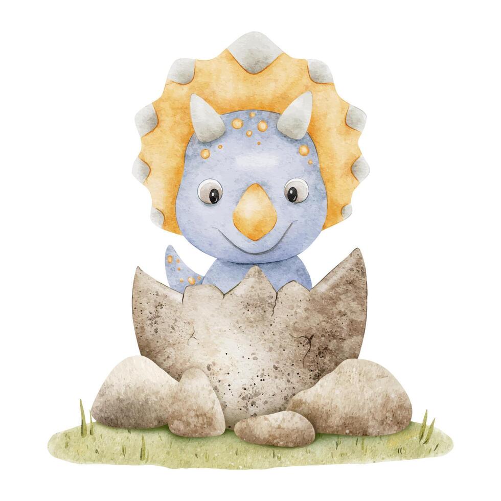 Cute baby dinosaur hatched from egg. Isolated hand drawn watercolor illustration of dino. Triceratops in nest for children's invitation cards, baby shower, decoration of kid's rooms, clothes. vector