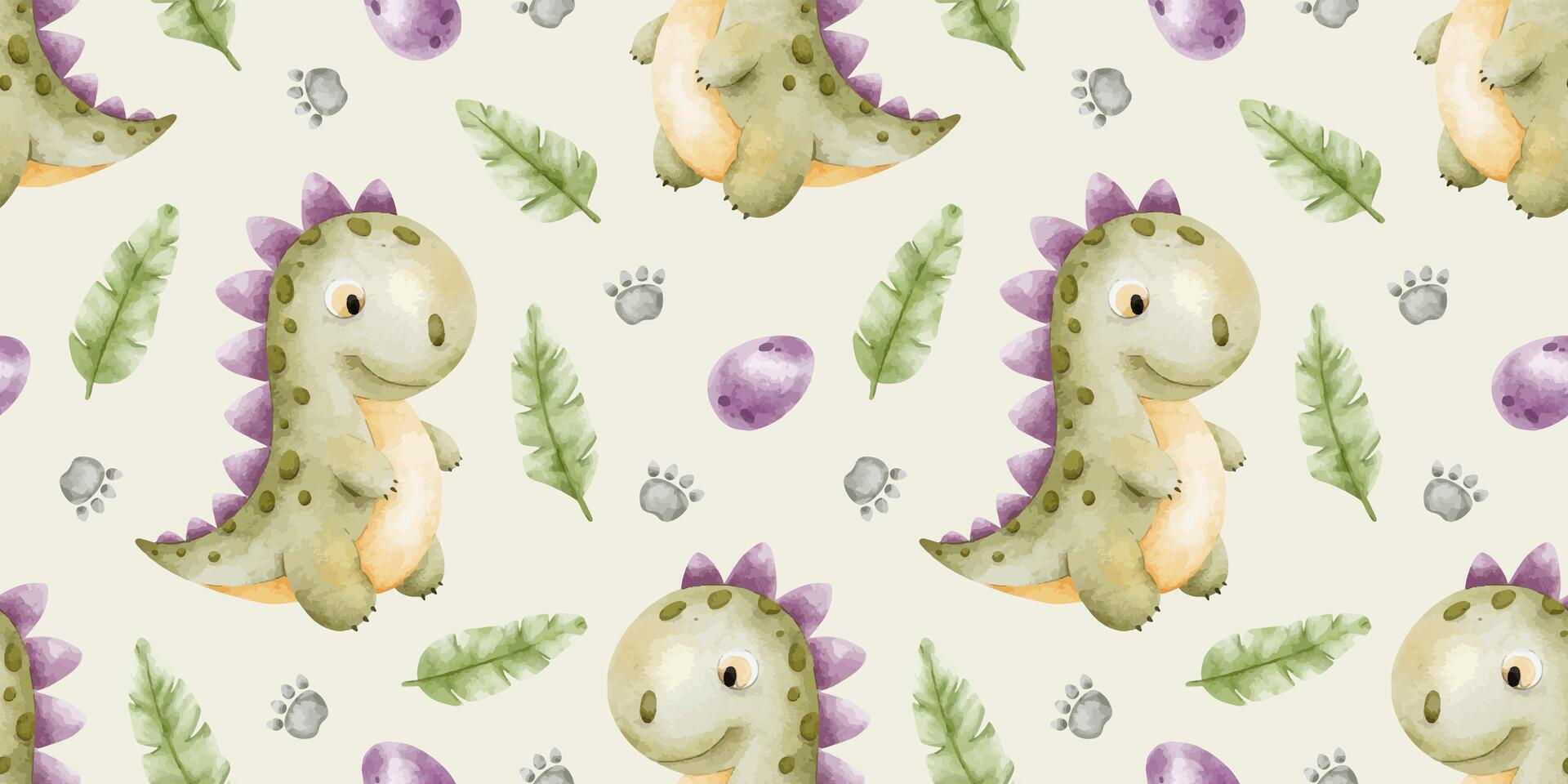 Green dinosaurs,footprints, eggs and Palm leaves. Childish background of tyrannosaurus rex. Print with dino. Watercolor seamless pattern for design kid's goods, fabric, scrapbook, office supplies vector