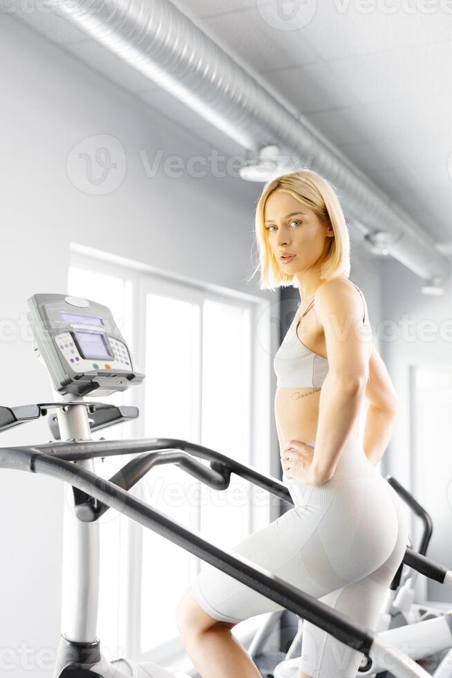 Young woman in sportswear working out at the gym. She is working out on stairway simulator photo