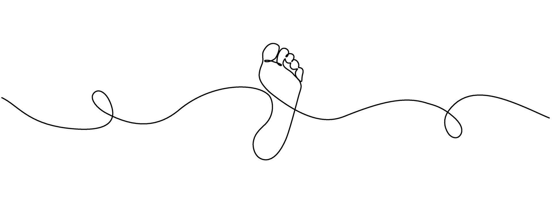 Barefoot drawn in one continuous line. Female footprint in a simple linear style. Foot massage and cosmetic foot care concept. editable illustration vector