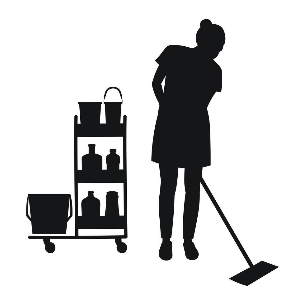 Maid with mop and cart for cleaning the room, black silhouette vector