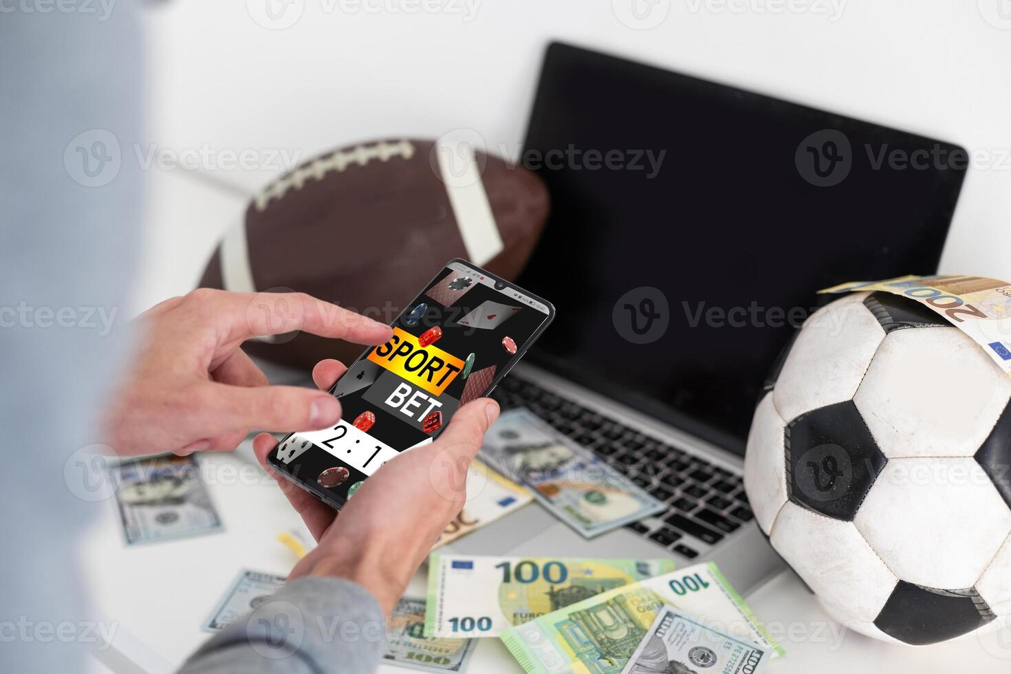 Live in-play betting app on smartphone display, a woman is betting at home and winning, POV shot photo