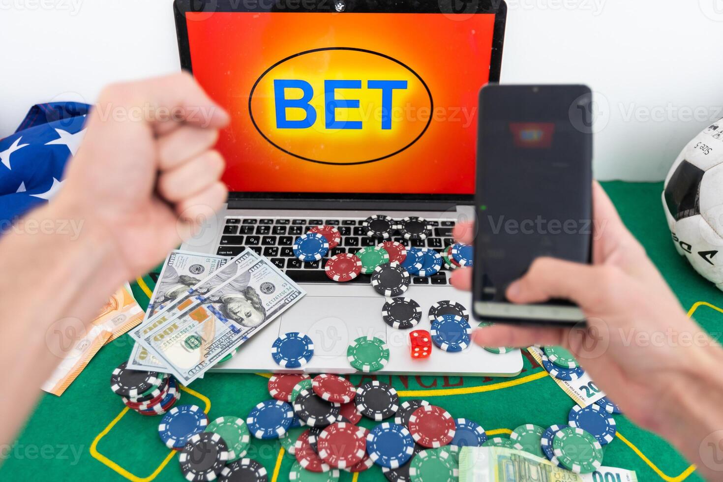 Gambling online casino Internet betting concept green screen. smartphone with poker chips, dice. Jackpot, casino chips. photo