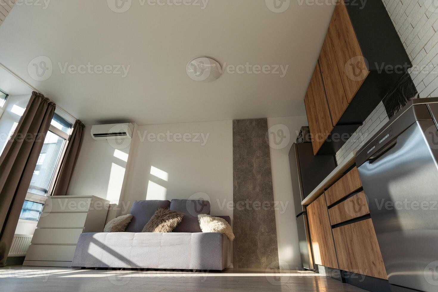 Interior of modern luxury apartment, empty attic, kitchen open space. photo