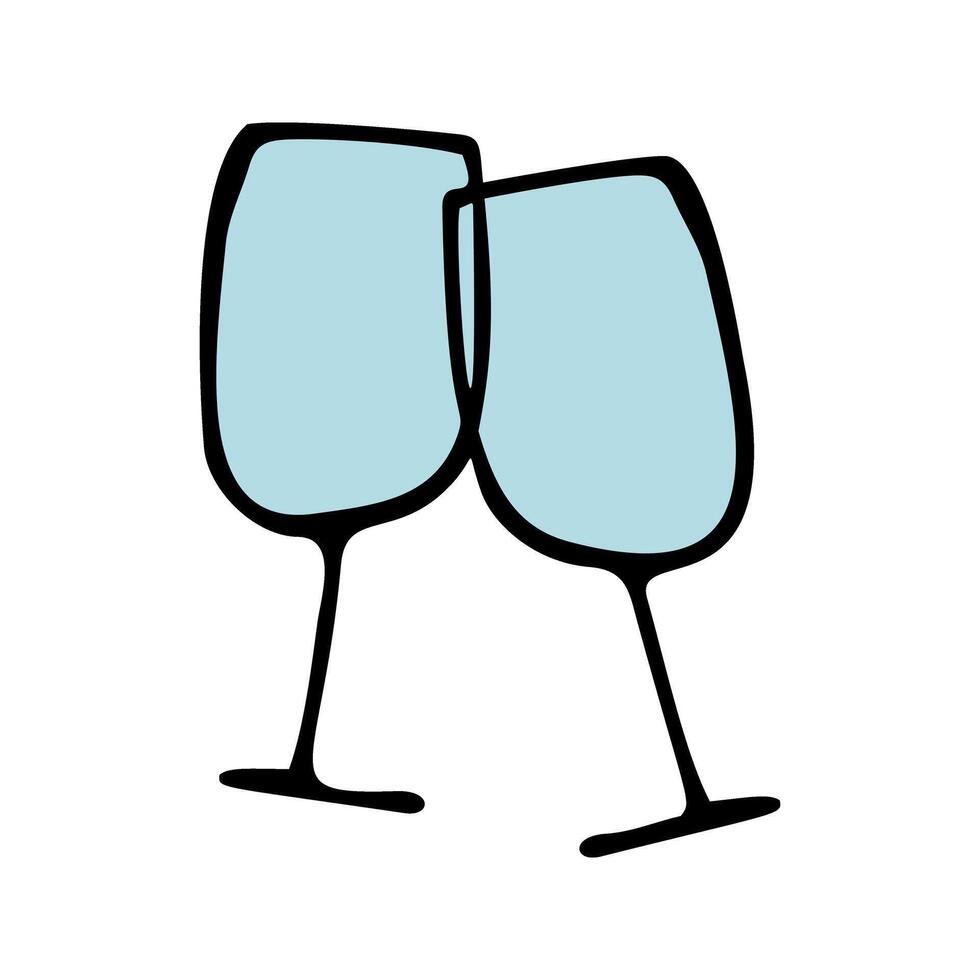 Couple hand drawn glasses of champagne for New Year, Xmas, or Valentine's day, marriage proposal vector