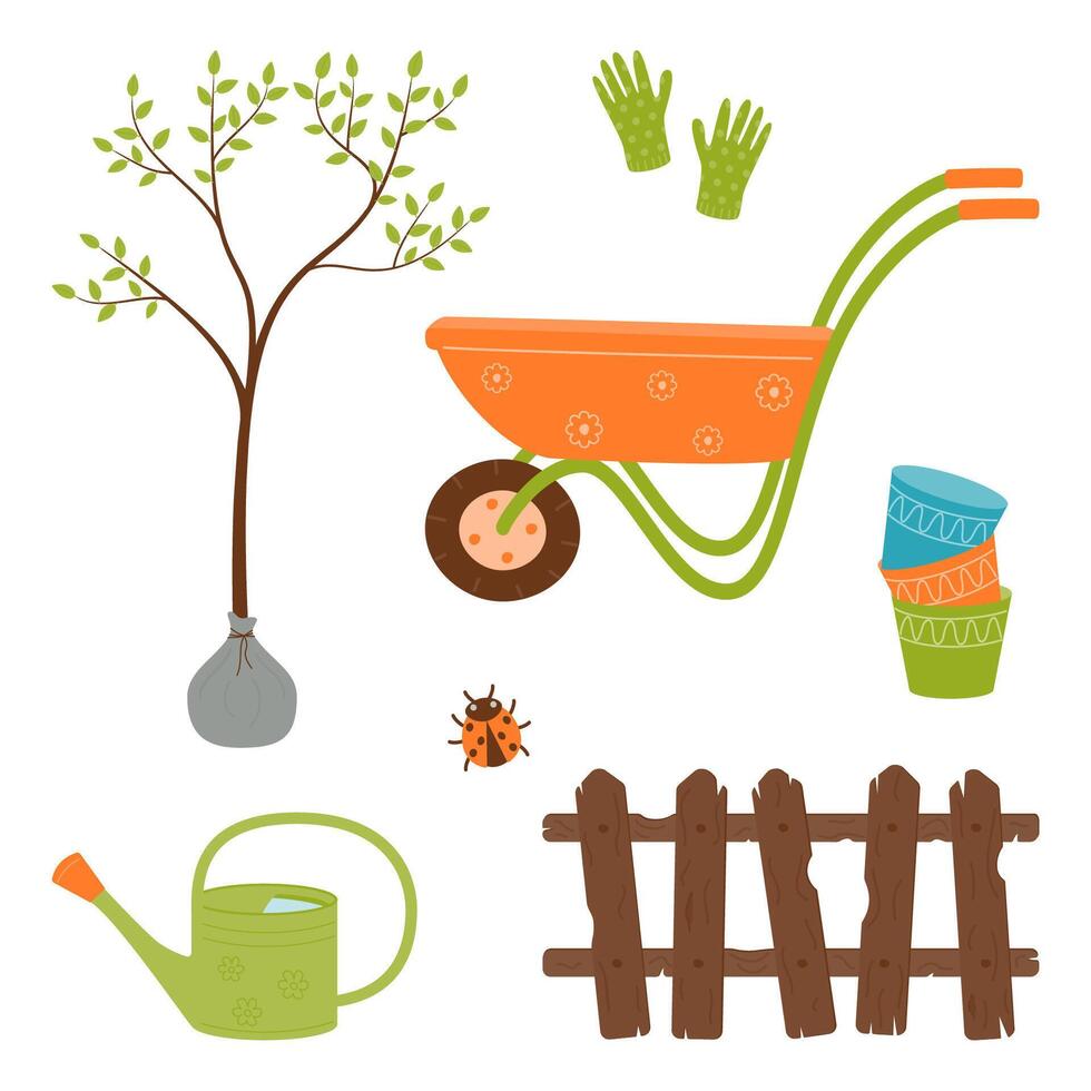 A set for gardening and planting plants - a garden wheelbarrow, a seedling, a watering can, gloves, a wooden fence, empty pots. vector