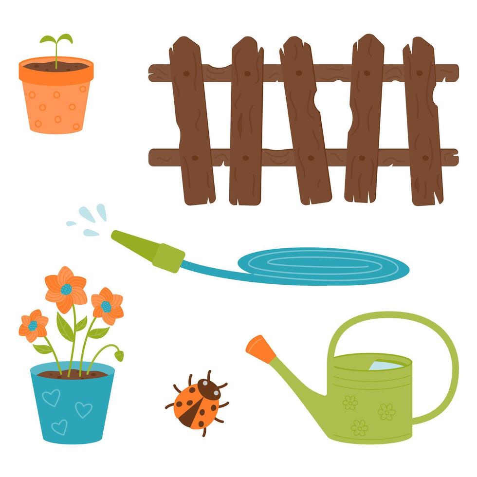 A set for gardening and planting plants - a wooden fence, a watering hose, a watering can, a flower in a pot, a ladybug. vector