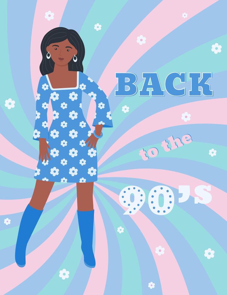 A4 poster with a girl in a retro-style dress. 90 characters. y2k characters. Fashion of the 90s. vector
