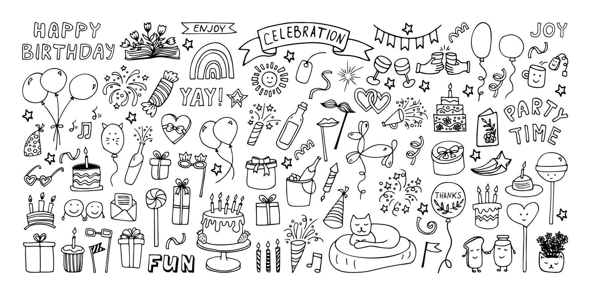 Big celebration clipart set. Party time doodle clipart with fireworks, party hat, birthday cake, holiday gift box. Hand drawn icons vector