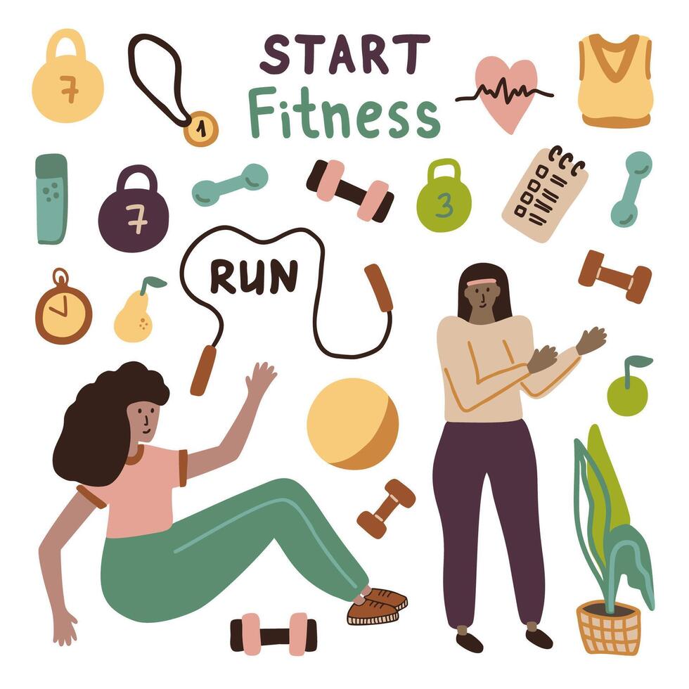 Modern positive girl training at home. Fitness clipart set about healthy lifestyle. Cute hand drawn illustration. Stay Home, sport in home. Isolated on white background. vector