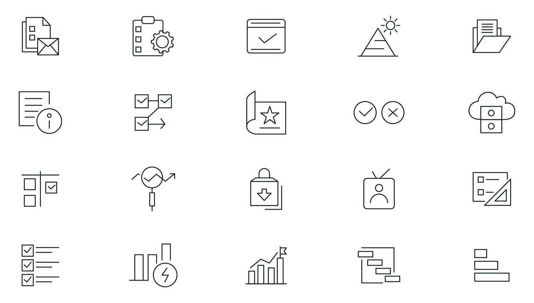 Project management line icon set. Business or organization management, time management, planning, project, startup, marketing outline icon collection. Editable stroke. Outline icon pack. vector