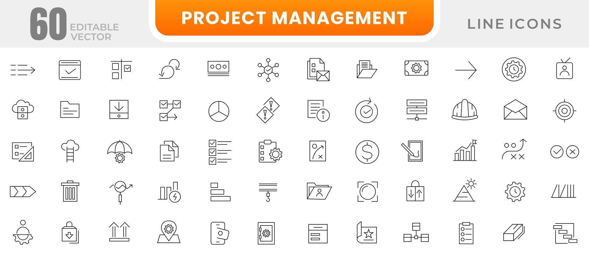 Project management line icon set. Business or organization management, time management, planning, project, startup, marketing outline icon collection. Editable stroke. Outline icon pack. vector