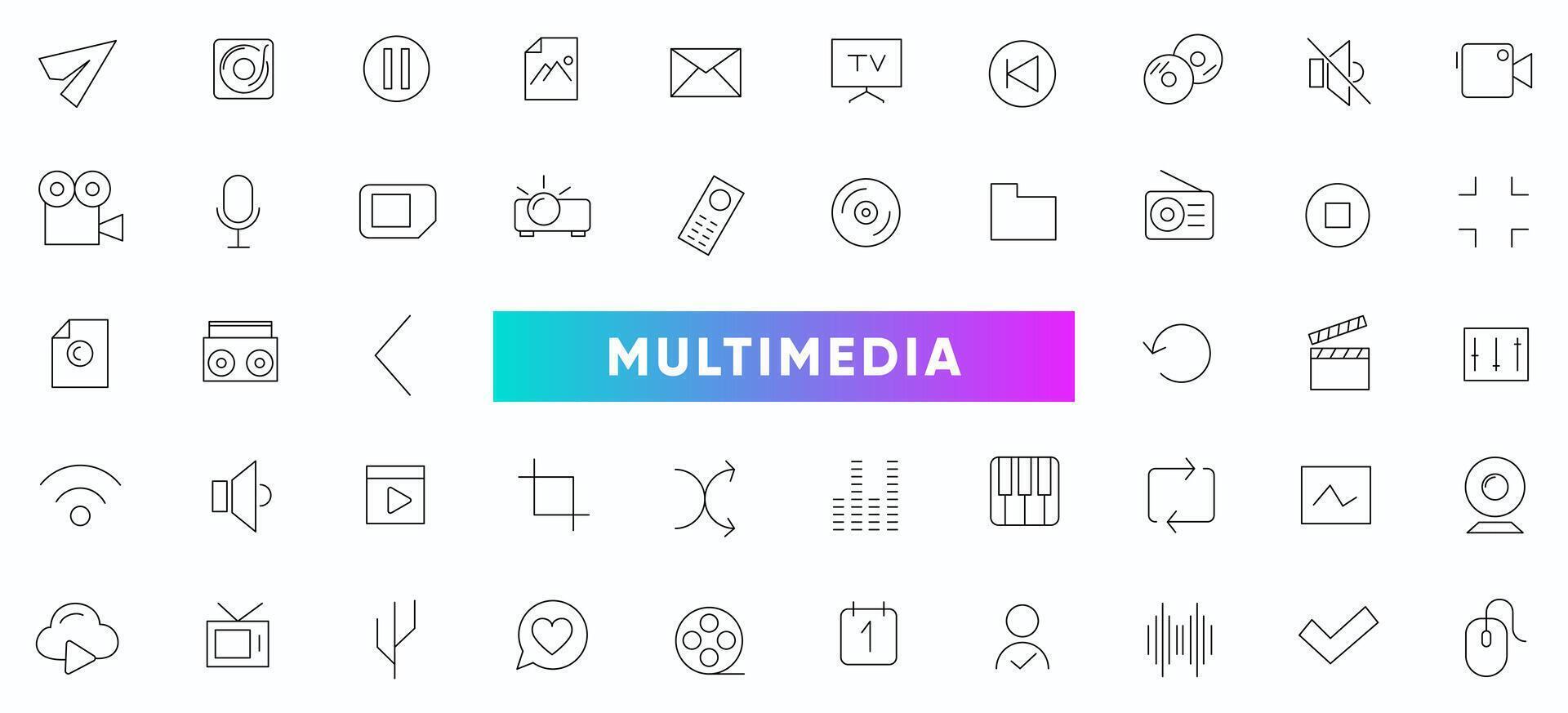 Multimedia, cinema and entertainment line icons set. Outline icon collection. Thin outline icons pack. vector