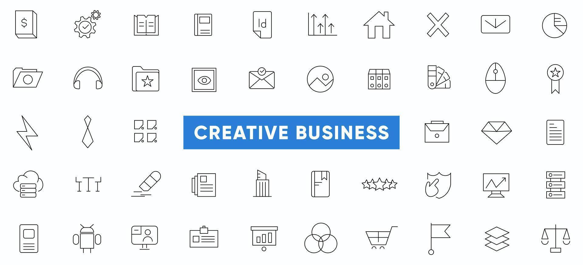 Creative business line icon set. Business strategy, Business solutions, Action List, research, solution, team, marketing, startup, advertising, business process, management outline icon collection. vector