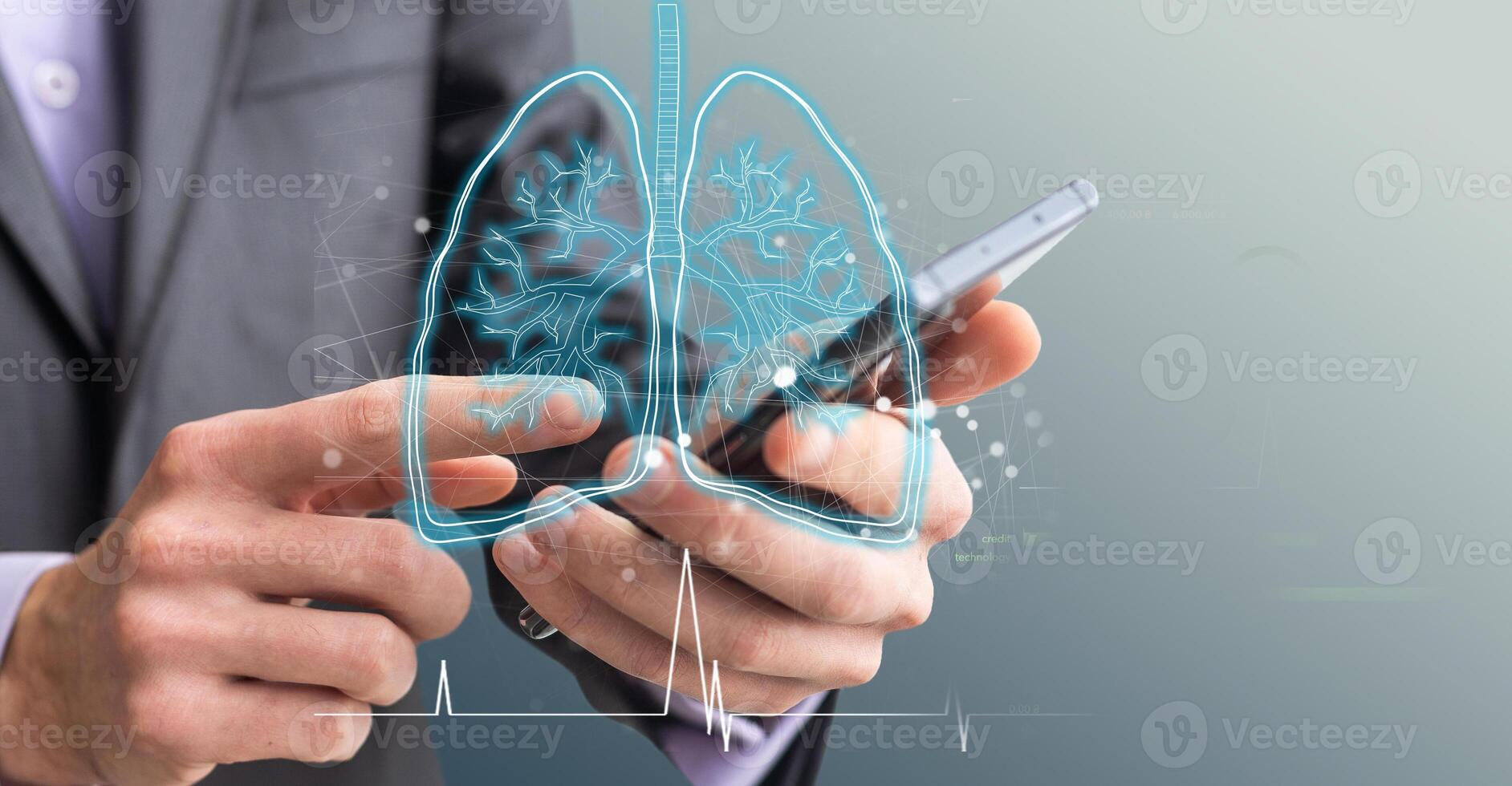 Artificial intelligence in smart healthcare hospital technology concept. AI biomedical algorithm and machine learning detect Pneumonia and cancer cell in X-Rays process. photo