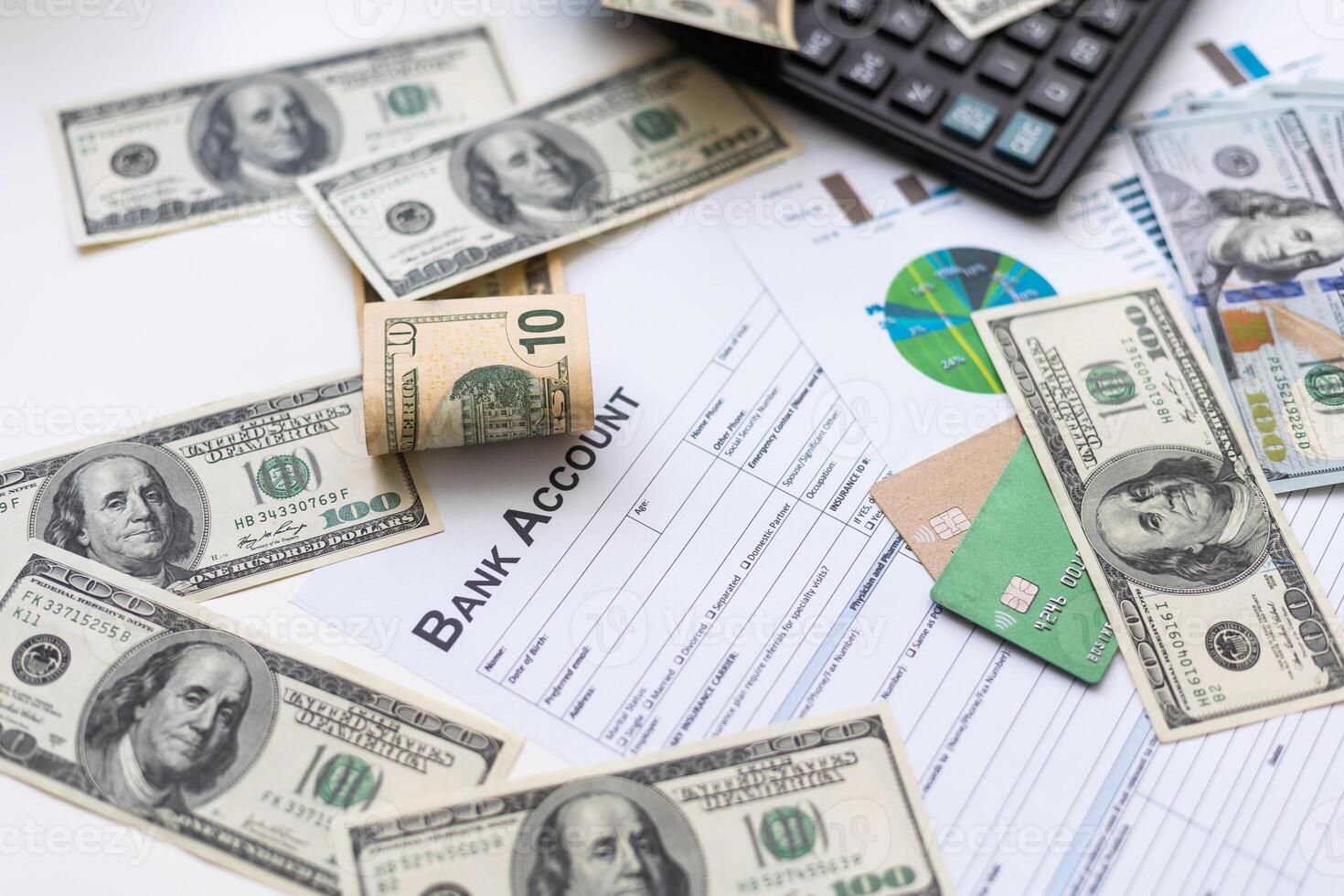 financial report balance sheet statement working with documents graphs. Concept picture of business, market, office, tax. money, credit card photo